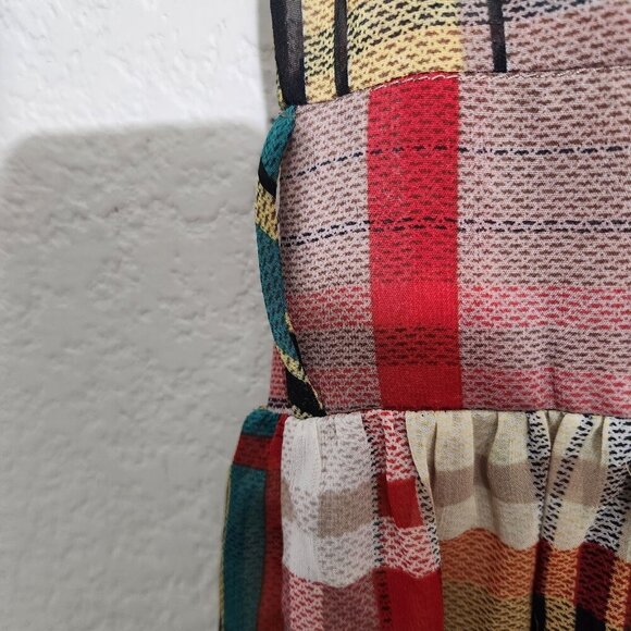 Agaci Plaid Ruffle Blouse Womens Small Multicolor Sheer Button Top Boho Style S - Picture 5 of 11